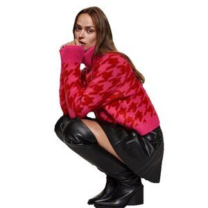 MNG Cowl neck Houndstooth Pink Red Knitted Pullover Sweater Size M